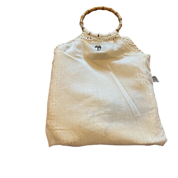 Faded Glory Boho Minimal Crochet Tote Purse with Wood Bamboo Handles & Flowers - Picture 7 of 8